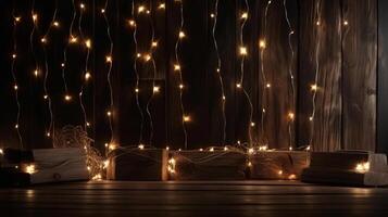 buio di legno sfondo con Natale luci. illustrazione ai generativo foto