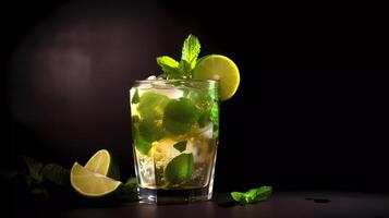 Mojito cocktail su un' tavolo nel estate sbarra, alcool cocktail con Rum, lime, menta, ghiaccio cubi e Marrone zucchero avvicinamento, festa bere. isolato su nero sfondo, selettivo messa a fuoco generativo ai foto