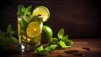 Mojito cocktail su un' tavolo nel estate sbarra, alcool cocktail con Rum, lime, menta, ghiaccio cubi e Marrone zucchero avvicinamento, festa bere. isolato su nero sfondo, selettivo messa a fuoco generativo ai foto