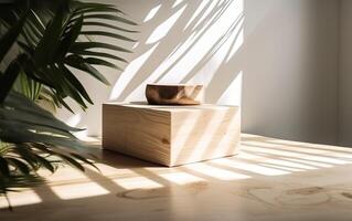 naturale log cubo podio, minimalista vuoto piedistallo nel luce del sole, palma foglia ombra nel vuoto crema bianca parete, pavimento per moderno, lusso biologico cosmetici, cura della pelle, bellezza, generativo ai, ai foto