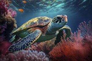 mare tartaruga nuoto sotto mare, creato con generativo ai foto