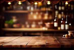 vuoto di legno tavolo e sfocato sfondo di caffè negozio o ristorante. per Prodotto Schermo foto