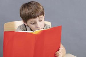 il bambino a il tavolo è fare compiti a casa. un' primario scuola alunno legge un' manuale. foto