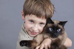 ritratto di un' bambino con un' gatto. un' ragazzo con un' siamese gatto. foto