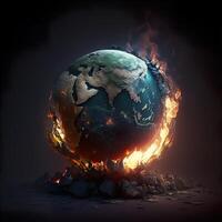 generativo ai illustrazione di fuoco fiamme ardente terra dopo globale riscaldamento contro nero sfondo foto