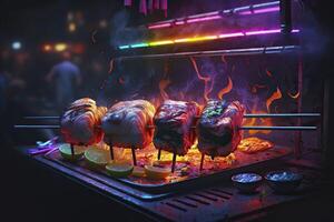 grigliato carne nel neon colori. generativo ai. foto