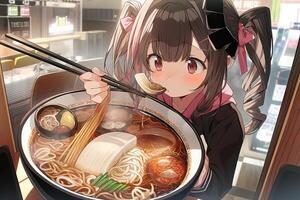 carino poco nero dai capelli anime ragazza mangiare ramen a partire dal un' grande ciotola. generato ai. foto