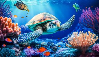 colorato tropicale pesce e tartaruga vita nel il corallo scogliera, animali di il subacqueo mare mondo, generativo ai foto