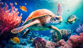 colorato tropicale pesce e tartaruga vita nel il corallo scogliera, animali di il subacqueo mare mondo, generativo ai foto