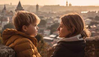 madre e bambino esplorando un' nuovo città o Posizione insieme, con interessante viste e suoni nel il sfondo. La madre di giorno. generativo ai foto