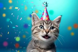 carino sorridente gattino nel compleanno cappello. creare ai foto