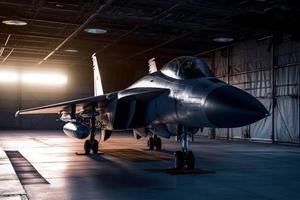 militare Jet nel hangar. creare ai foto