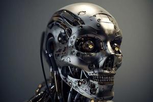 artificiale acciaio robot testa con informatica viso. digitale futuristico finzione. creare ai foto