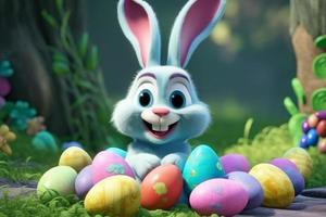 contento Pasqua coniglietto. colorato uova in giro lui. creare ai foto