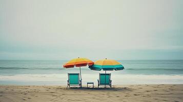 spiaggia ombrello e sedie ai generato foto