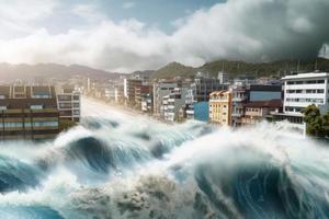 città sotto tsunami. onda disastro. creare ai foto