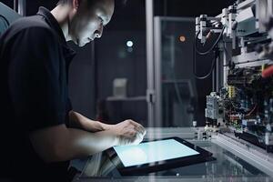 ingegnere con tavoletta computer a fabbrica posto di lavoro.generativo ai foto