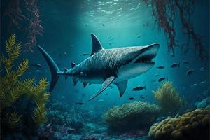 megalodon squalo sotto il oceano, coralli e pesce, marino vita. digitale illustrazione. ai foto