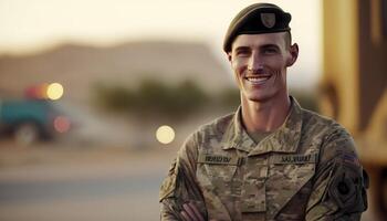 bellissimo sorridente giovane maschio soldato nel davanti di un' sfocato militare base sfondo ai generato foto