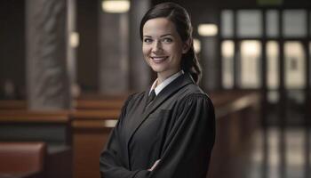 un' bellissimo sorridente femmina accusatore indossare del pubblico ministero accappatoio dentro un' sfocato palazzo di giustizia ai generato foto