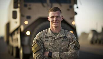 bellissimo sorridente giovane maschio soldato nel davanti di un' sfocato militare base sfondo ai generato foto