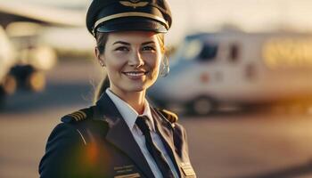 un' bellissimo sorridente giovane pilota nel davanti di un' sfocato aeroporto sfondo ai generato foto