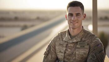 bellissimo sorridente giovane maschio soldato nel davanti di un' sfocato militare base sfondo ai generato foto
