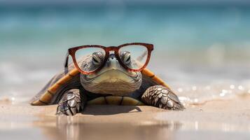 tartaruga su il spiaggia con occhiali da sole ai generato foto