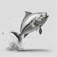 un ultra realistico argento dollaro pesce quello salti di spruzzi su un' bianca sfondo ai generato foto