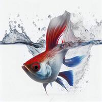 un ultra realistico cardinale tetra pesce quello salti di spruzzi su un' bianca sfondo ai generato foto
