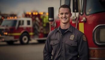 un' bellissimo sorridente giovane maschio pompiere accanto di un' sfocato fuoco stazione sfondo ai generato foto