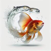 un ultra realistico pesce rosso combattente pesce quello salti di spruzzi su un' bianca sfondo ai generato foto