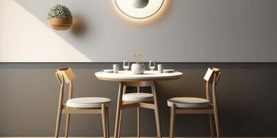 il giro di legno tavolo e sedie un' moderno torcere su cenare camera design ai generato foto