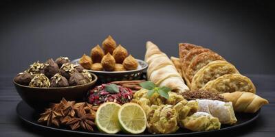 delizioso secco frutta, noccioline, date, e baklava su nero sfondo ai generato foto