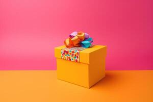 un' bellissimo compleanno presente scatola su un' colorato sfondo creato con generativo ai tecnologia. foto