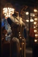 un innovativo e elegante vestito nel un' steampunk Guarda su un' indossatrice con morbido bokeh luci creato con generativo ai tecnologia. foto