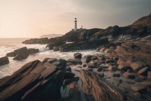 lungo esposizione di un' roccioso costa con un' faro su esso creato con generativo ai tecnologia. foto