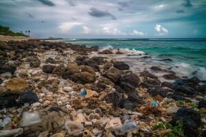 un' lotto di plastica rifiuto su un' tropicale sognare spiaggia creato con generativo ai tecnologia. foto