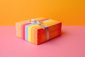 un' bellissimo compleanno presente scatola su un' colorato sfondo creato con generativo ai tecnologia. foto