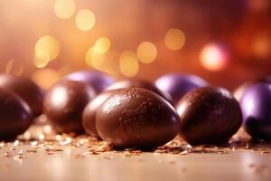 Pasqua sfondo con morbido bokeh luci e cioccolato creato con generativo ai tecnologia foto