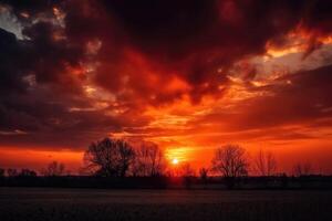 un' sbalorditivo e drammatico tramonto cielo creato con generativo ai tecnologia. foto