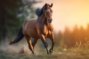 un' cavallo in esecuzione attraverso un' campo. generativo ai. foto