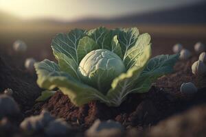 cavolo nel il mezzo di un' campo, verde biologico cavolo verdura piantagione, generativo ai foto