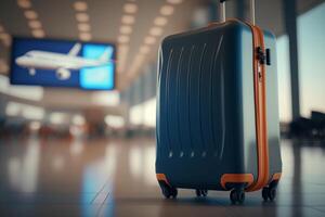 un' valigia seduta su il pavimento nel un aeroporto, generativo ai foto