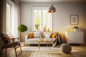 accogliente moderno stile vivente camera con luce del sole brilla in il camera. minimalismo interno design 3d rendere. generativo ai. foto