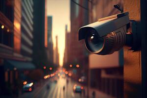 un' drammatico avvicinamento di un' sicurezza telecamera prospiciente un' moderno urbano città strada. generativo ai. digitale arte illustrazione foto