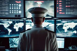 un' uomo nel uniforme monitoraggio multiplo viene visualizzato a un' controllo centro. generativo ai. digitale arte illustrazione foto