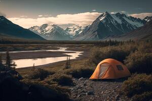 attivo vacanze nel il montagne campo, tenda su il sfondo di un' montagna paesaggio generativo ai foto