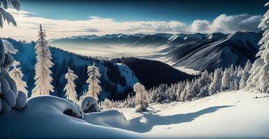 inverno panorama nevoso montagne, snow-capped picchi - ai generato Immagine foto