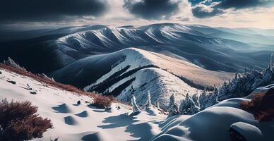 inverno panorama nevoso montagne, snow-capped picchi - ai generato Immagine foto